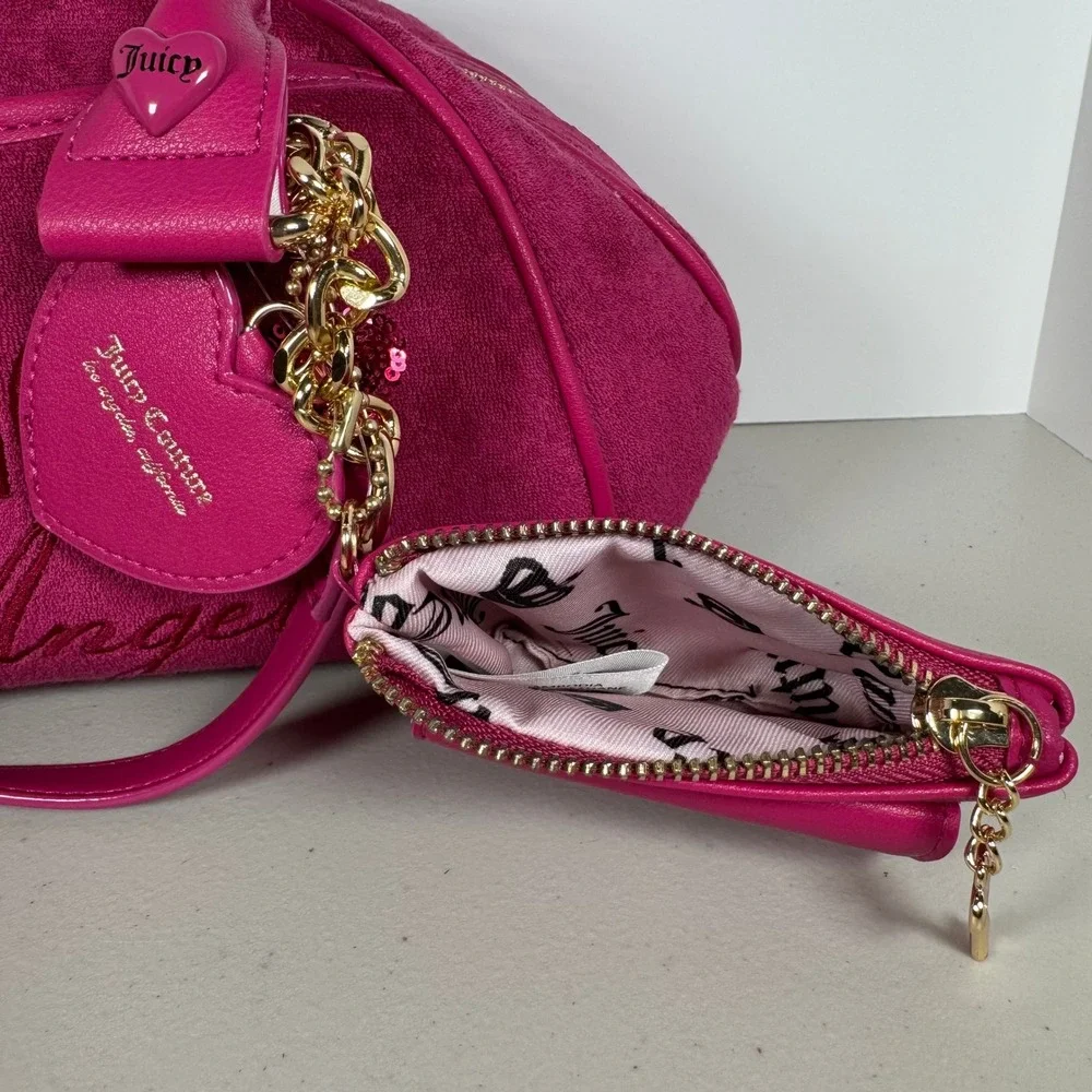 Juicy Couture Angel Velour Bowler Bag Pink Heart Charm Crossbody Tart Satchel